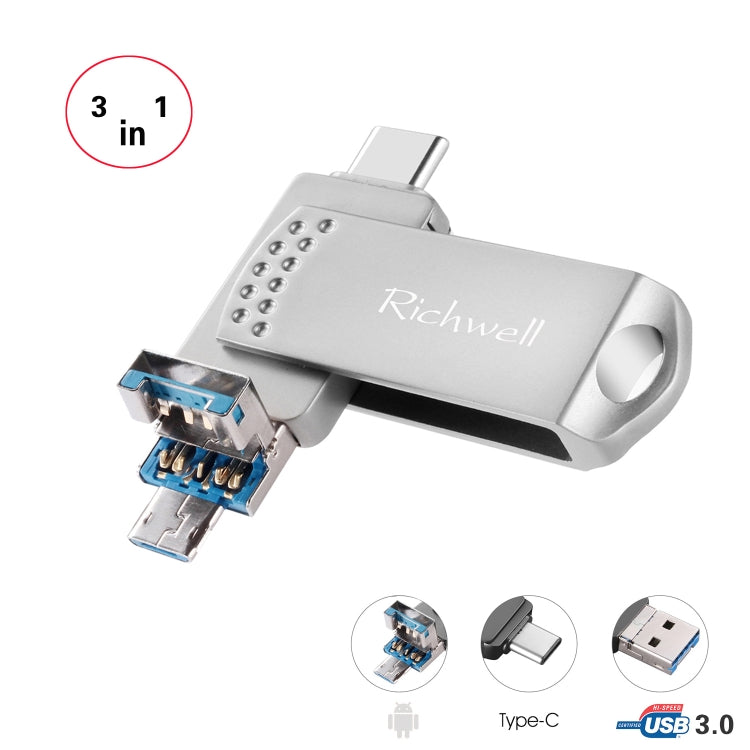 Richwell 3 in 1 16G Type-C + Micro USB + USB 3.0 Metal Flash Disk with OTG Function(Silver) - U Disk & Card Reader by Richwell | Online Shopping South Africa | PMC Jewellery | Buy Now Pay Later Mobicred