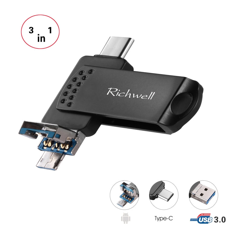 Richwell 3 in 1 64G Type-C + Micro USB + USB 3.0 Metal Flash Disk with OTG Function(Black) - U Disk & Card Reader by Richwell | Online Shopping South Africa | PMC Jewellery | Buy Now Pay Later Mobicred