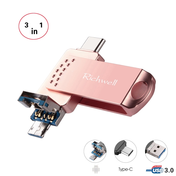 Richwell 3 in 1 128G Type-C + Micro USB + USB 3.0 Metal Flash Disk with OTG Function(Rose Gold) - U Disk & Card Reader by Richwell | Online Shopping South Africa | PMC Jewellery | Buy Now Pay Later Mobicred