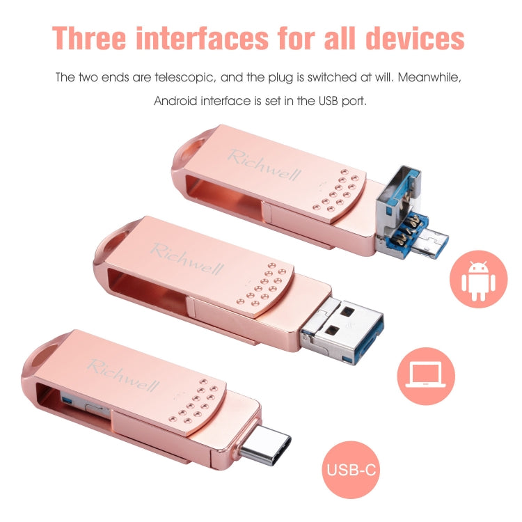 Richwell 3 in 1 128G Type-C + Micro USB + USB 3.0 Metal Flash Disk with OTG Function(Rose Gold) - U Disk & Card Reader by Richwell | Online Shopping South Africa | PMC Jewellery | Buy Now Pay Later Mobicred