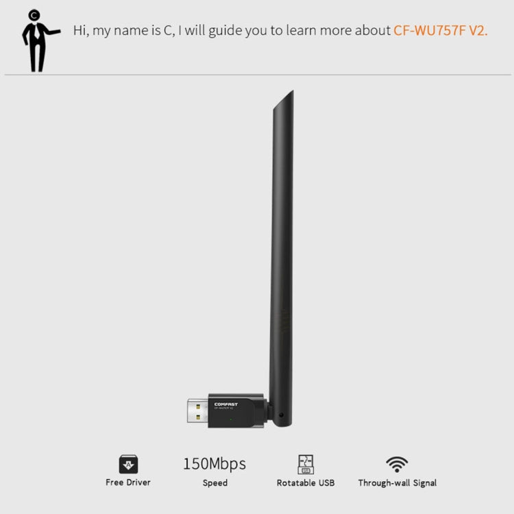 COMFAST CF-WU757F 150Mbps Wireless USB 2.0 Free Driver WiFi Adapter External Network Card with 6dBi External Antenna - USB Network Adapter by COMFAST | Online Shopping South Africa | PMC Jewellery | Buy Now Pay Later Mobicred