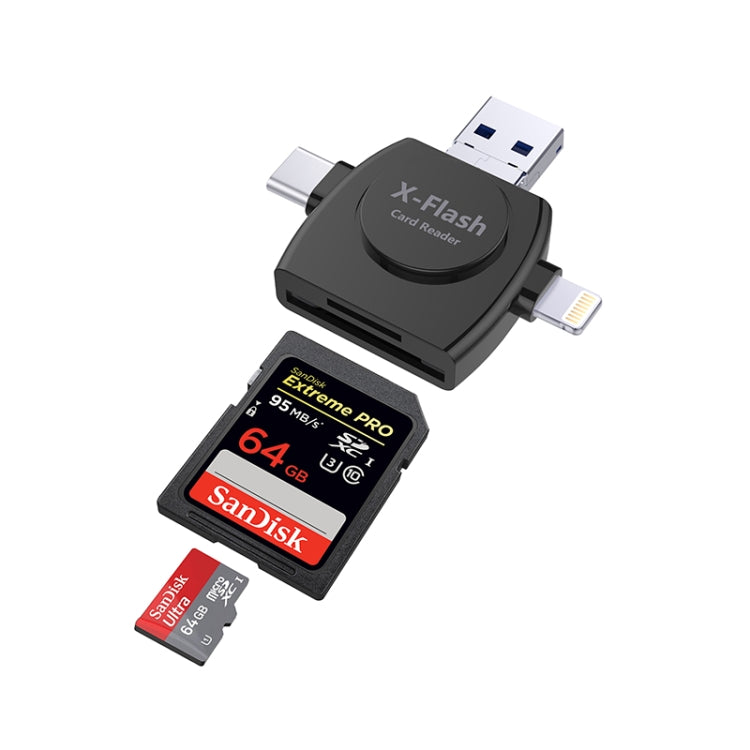 X-Flash R01 3 in 1 8 Pin + USB-C / Type-C + Micro USB Interface SD / TF Card Reader(Black) - Converter & Adapter by PMC Jewellery | Online Shopping South Africa | PMC Jewellery | Buy Now Pay Later Mobicred