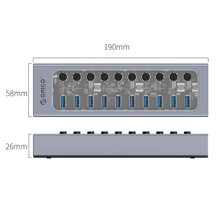 ORICO AT2U3-10AB-GY-BP 10 Ports USB 3.0 HUB with Individual Switches & Blue LED Indicator, AU Plug - USB 3.0 HUB by ORICO | Online Shopping South Africa | PMC Jewellery | Buy Now Pay Later Mobicred