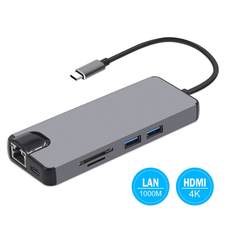 8 in 1 Type-C to HDMI + USB 3.0 + USB 3.0 + Type-C + LAN + VGA + TF/SD Card Reader Adapter(Grey) - USB HUB by PMC Jewellery | Online Shopping South Africa | PMC Jewellery | Buy Now Pay Later Mobicred