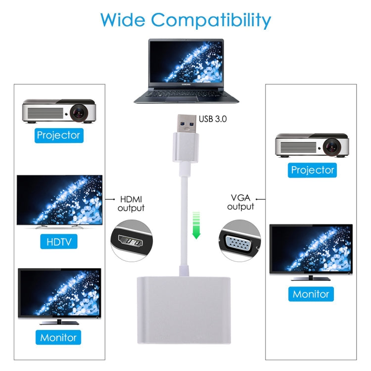 2 in 1 USB 3.0 to HDMI + VGA Adapter(Silver) - Cable & Adapters by PMC Jewellery | Online Shopping South Africa | PMC Jewellery | Buy Now Pay Later Mobicred