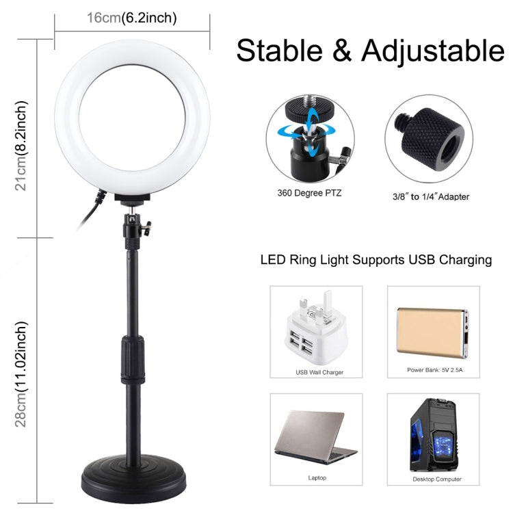 PULUZ 6.2 inch 16cm USB 10 Modes 8 Colors RGBW Dimmable LED Ring Vlogging Photography Video Lights + Round Base Desktop Mount with Cold Shoe Tripod Ball Head(Black) - Ring Light by PULUZ | Online Shopping South Africa | PMC Jewellery | Buy Now Pay Later Mobicred