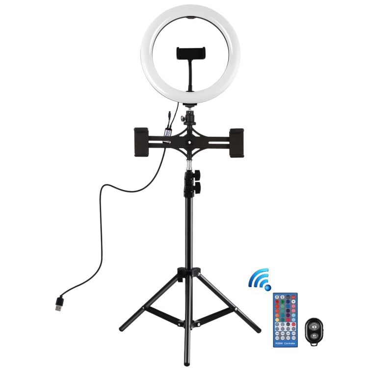 PULUZ 10.2 inch 26cm Curved Surface RGBW LED Ring Light + 1.1m Tripod Mount + Dual Phone Brackets Horizontal Holder + Vlogging Video Light  Live Broadcast Kits with Remote Control & Phone Clamp(Black) - Ring Light by PULUZ | Online Shopping South Africa | PMC Jewellery | Buy Now Pay Later Mobicred