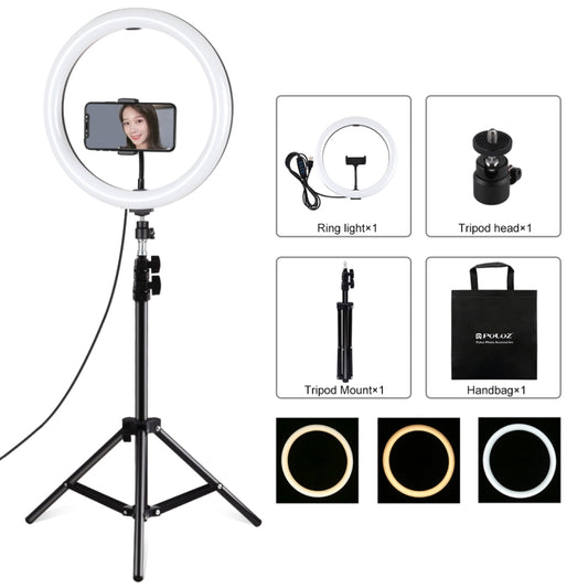 PULUZ 11.8 inch 30cm Light + 1.1m Tripod Mount Curved Surface USB 3 Modes Dimmable Dual Color Temperature LED Ring Vlogging Video Light  Live Broadcast Kits with Phone Clamp(Black) - Ring Light by PULUZ | Online Shopping South Africa | PMC Jewellery | Buy Now Pay Later Mobicred