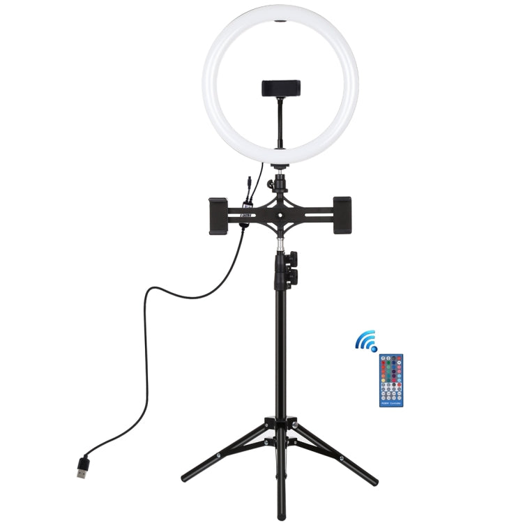 PULUZ 11.8 inch 30cm RGBW Light + 1.1m Tripod Mount + Dual Phone Brackets+ Curved Surface RGB Dimmable LED Dual Color Temperature LED Ring Selfie Vlogging Video Light  Live Broadcast Kits with Cold Sh ... od Ball Head & Phone Clamp & Remote Control(Black) - Ring Light by PULUZ | Online Shopping South Africa | PMC Jewellery | Buy Now Pay Later Mobicred