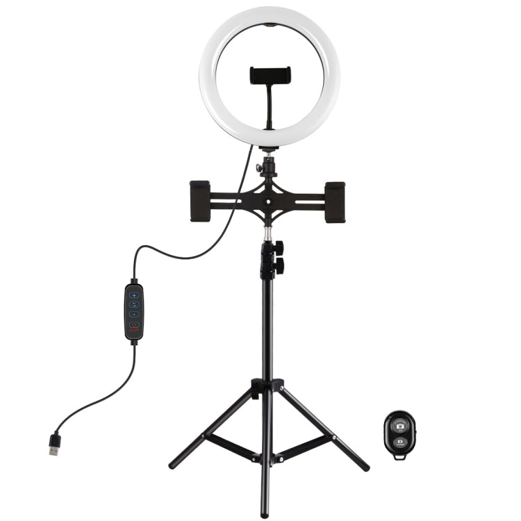 PULUZ 10.2 inch 26cm Light + 1.1m Tripod Mount + Dual Phone Brackets USB 3 Modes Dimmable Dual Color Temperature LED Curved Diffuse Light Ring Vlogging Selfie Photography Video Lights with Phone Clamp & Selfie Remote Control(Black) - Ring Light by PULUZ | Online Shopping South Africa | PMC Jewellery | Buy Now Pay Later Mobicred