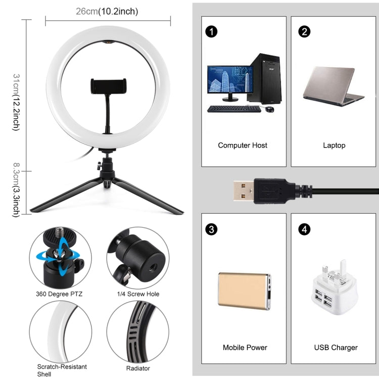 PULUZ 10.2 inch 26cm Selfie Beauty Light + Desktop Tripod Mount USB 3 Modes Dimmable LED Ring Vlogging Selfie Photography Video Lights with Cold Shoe Tripod Ball Head & Phone Clamp(Black) - Ring Light by PULUZ | Online Shopping South Africa | PMC Jewellery | Buy Now Pay Later Mobicred