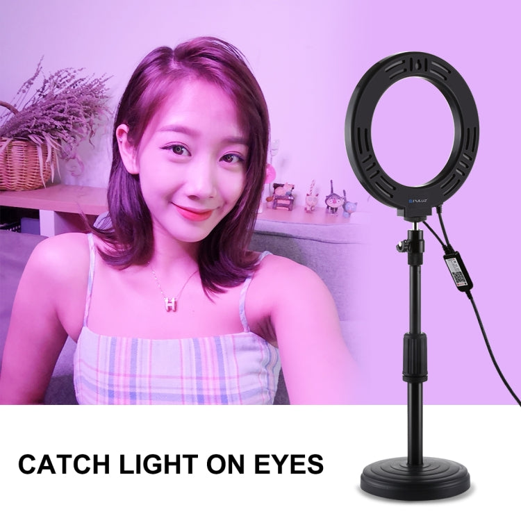 PULUZ 6.2 inch 16cm RGBW Light + Round Base Desktop Holder USB Dimmable LED Ring Vlogging Photography Video Lights with Cold Shoe Tripod Ball Head & Remote Control(Black) - Ring Light by PULUZ | Online Shopping South Africa | PMC Jewellery | Buy Now Pay Later Mobicred