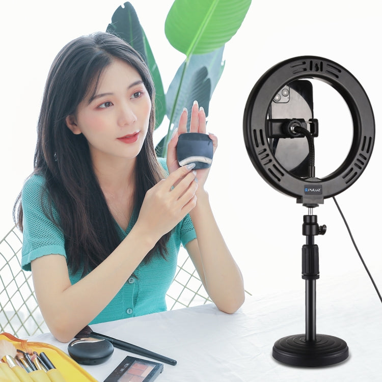 PULUZ 7.9 inch 20cm Mirror Light + Round Base Desktop Mount 3 Modes Dimmable Dual Color Temperature LED Curved Light Ring Vlogging Selfie Photography Video Lights with Phone Clamp(Black) - Ring Light by PULUZ | Online Shopping South Africa | PMC Jewellery | Buy Now Pay Later Mobicred