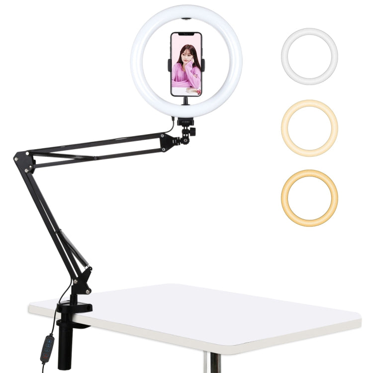 PULUZ 10.2 inch 26cm Ring Curved Light + Desktop Arm Stand USB 3 Modes Dimmable Dual Color Temperature LED Vlogging Selfie Photography Video Lights with Phone Clamp(Black) - Ring Light by PULUZ | Online Shopping South Africa | PMC Jewellery | Buy Now Pay Later Mobicred