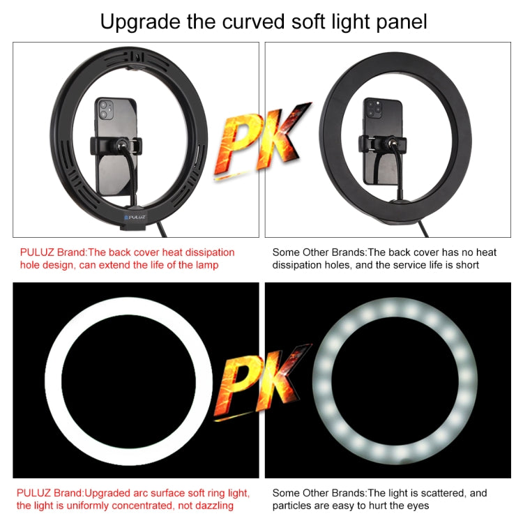 PULUZ 10.2 inch 26cm Ring Curved Light + Desktop Arm Stand USB 3 Modes Dimmable Dual Color Temperature LED Vlogging Selfie Photography Video Lights with Phone Clamp(Black) - Ring Light by PULUZ | Online Shopping South Africa | PMC Jewellery | Buy Now Pay Later Mobicred