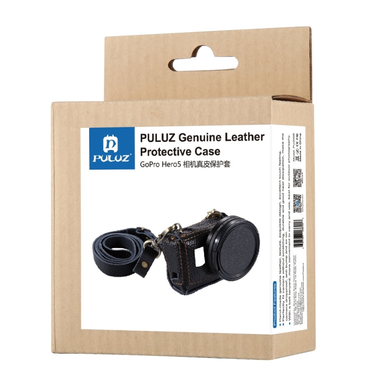 PULUZ for GoPro HERO7 Black /6 /5 Litchi Texture Genuine Leather Housing Case with Set Key Hole & Neck Strap & 52mm UV Lens(Black) - Leather Cases by PULUZ | Online Shopping South Africa | PMC Jewellery | Buy Now Pay Later Mobicred