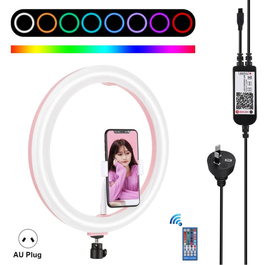 PULUZ 11.8 inch 30cm RGB Dimmable LED Ring Vlogging Selfie Photography Video Lights with Cold Shoe Tripod Ball Head & Phone Clamp (Pink)(AU Plug) - Ring Light by PULUZ | Online Shopping South Africa | PMC Jewellery | Buy Now Pay Later Mobicred