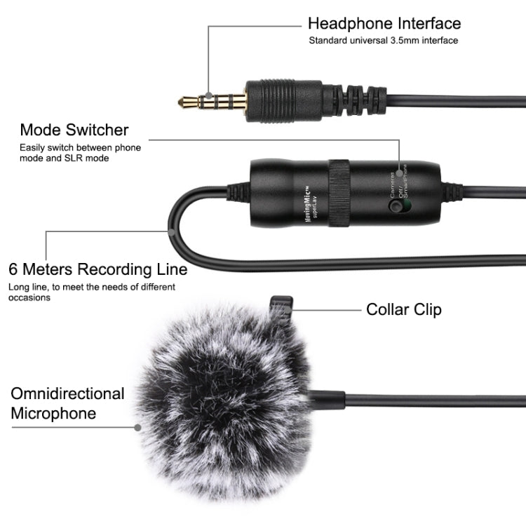 PULUZ 3.5mm Jack Lavalier Omnidirectional Condenser Recording Video Microphone, Length: 6m - Microphone by PULUZ | Online Shopping South Africa | PMC Jewellery | Buy Now Pay Later Mobicred