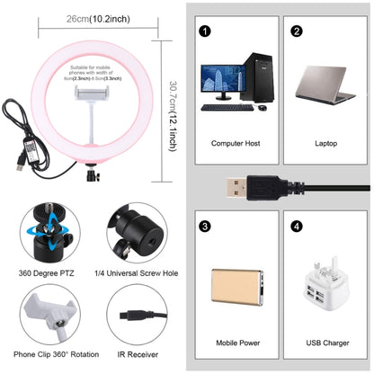 PULUZ 10.2 inch 26cm USB RGBW Dimmable LED Ring Vlogging Photography Video Lights with Tripod Ball Head & Remote Control & Phone Clamp(Pink) - Ring Light by PULUZ | Online Shopping South Africa | PMC Jewellery | Buy Now Pay Later Mobicred