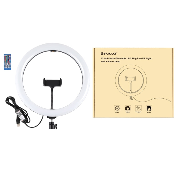 PULUZ 11.8 inch 30cm RGB Dimmable LED Dual Color Temperature LED Curved Diffuse Light Ring Vlogging Selfie Photography Video Lights with Tripod Ball Head & Phone Clamp & Remote Control(Black) - Ring Light by PULUZ | Online Shopping South Africa | PMC Jewellery | Buy Now Pay Later Mobicred