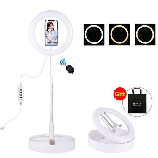 PULUZ 10.2 inch 26cm USB 3 Modes Dimmable Dual Color Temperature LED Curved  Ring Vlogging Selfie Photography Video Lights with Bluetooth Remote Shutter & Folding Desktop Holder & Phone Clamp(White) - Ring Light by PULUZ | Online Shopping South Africa | PMC Jewellery | Buy Now Pay Later Mobicred