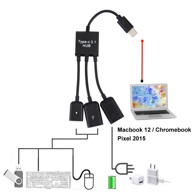 17.8cm 3 Ports USB-C / Type-C 3.1 OTG Charge HUB Cable, For Galaxy S8 & S8 + / LG G6 / Huawei P10 & P10 Plus / Xiaomi Mi 6 & Max 2 and other Smartphones(Black) - USB HUB by PMC Jewellery | Online Shopping South Africa | PMC Jewellery | Buy Now Pay Later Mobicred