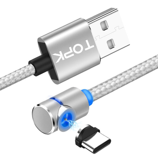 TOPK AM30 2m 2.4A Max USB to USB-C / Type-C 90 Degree Elbow Magnetic Charging Cable with LED Indicator(Silver) - Charging Cable & Head by TOPK | Online Shopping South Africa | PMC Jewellery