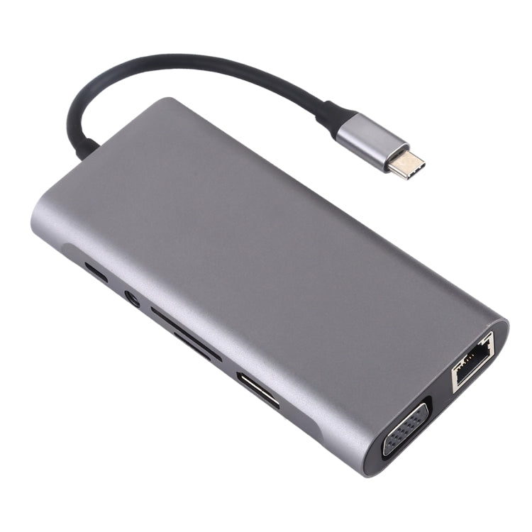 11 in 1 VGA + LAN Port + 4 x USB 3.0 + SD / TF Card + HDMI + Audio Port + USB-C / Type-C Female to USB-C / Type-C HUB Adapter(Dark Gray) - USB HUB by PMC Jewellery | Online Shopping South Africa | PMC Jewellery | Buy Now Pay Later Mobicred