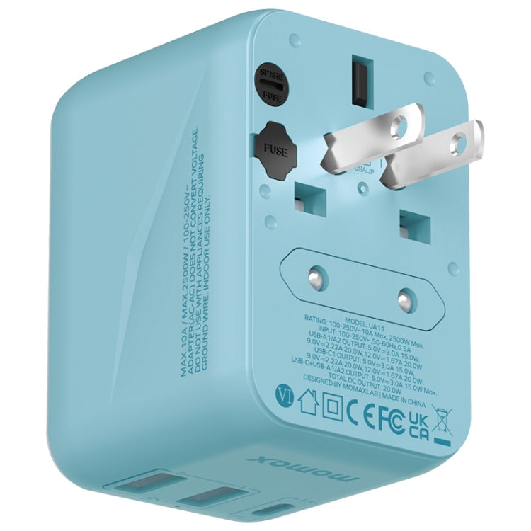 MOMAX UA11 1-World 20W PD Global Travel Fast Charger Power Adapter(Blue) - Plug Adaptor by MOMAX | Online Shopping South Africa | PMC Jewellery | Buy Now Pay Later Mobicred