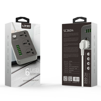 LDNIO SC3604 6 x USB Ports Multi-function Travel Home Office Socket, Cable Length: 2m, EU Plug - Extension Socket by LDNIO | Online Shopping South Africa | PMC Jewellery | Buy Now Pay Later Mobicred