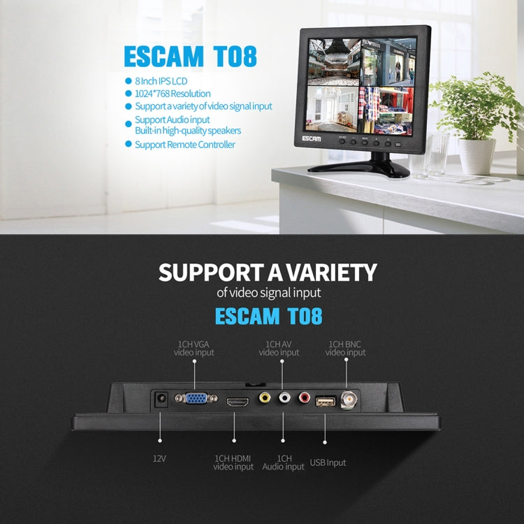 ESCAM T08 8 inch TFT LCD 1024x768 Monitor with VGA & HDMI & AV & BNC & USB for PC CCTV Security - DVD & LCD Player by ESCAM | Online Shopping South Africa | PMC Jewellery | Buy Now Pay Later Mobicred