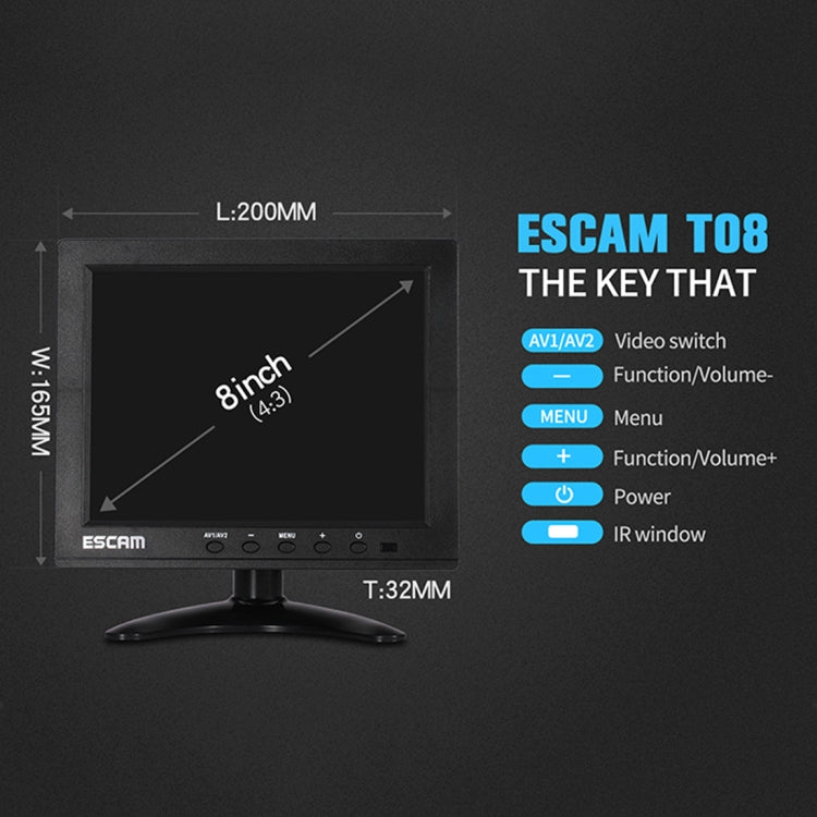 ESCAM T08 8 inch TFT LCD 1024x768 Monitor with VGA & HDMI & AV & BNC & USB for PC CCTV Security - DVD & LCD Player by ESCAM | Online Shopping South Africa | PMC Jewellery | Buy Now Pay Later Mobicred