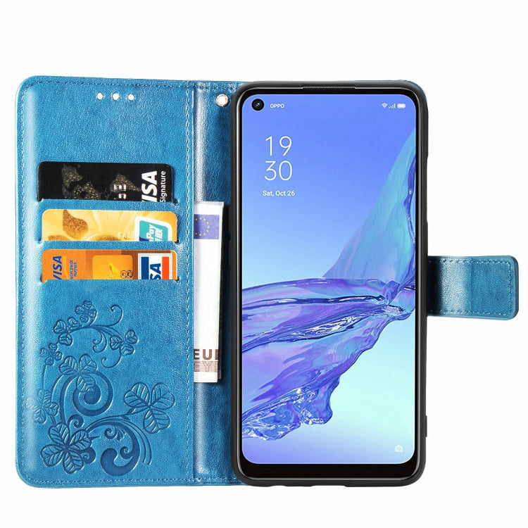 For Oppo A53 2020 Four-leaf Clasp Embossed Buckle Mobile Phone Protection Leather Case with Lanyard & Card Slot & Wallet & Bracket Function(Blue) - OPPO Cases by PMC Jewellery | Online Shopping South Africa | PMC Jewellery | Buy Now Pay Later Mobicred