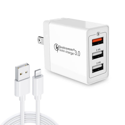 SDC-30W 2 in 1 USB to 8 Pin Data Cable + 30W QC 3.0 USB + 2.4A Dual USB 2.0 Ports Mobile Phone Tablet PC Universal Quick Charger Travel Charger Set,  US Plug - USB Charger by PMC Jewellery | Online Shopping South Africa | PMC Jewellery | Buy Now Pay Later Mobicred