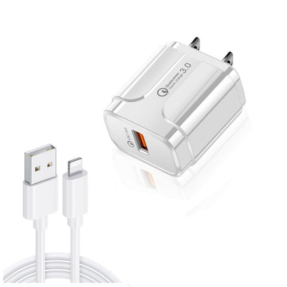 LZ-023 18W QC 3.0 USB Portable Travel Charger + 3A USB to 8 Pin Data Cable, US Plug(White) - USB Charger by PMC Jewellery | Online Shopping South Africa | PMC Jewellery | Buy Now Pay Later Mobicred