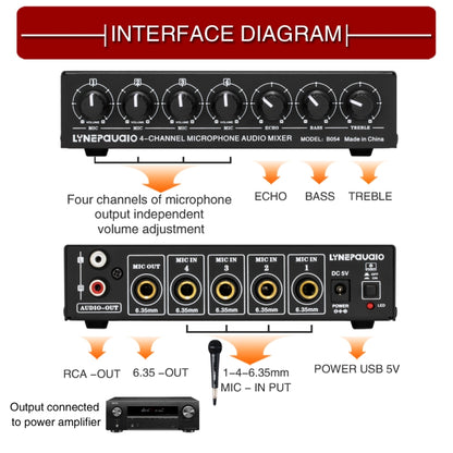 B054 4-Channel Microphone Mixer Support Stereo Output With Reverb Treble And Bass Adjustment, USB 5V Power Supply, US Plug -  by PMC Jewellery | Online Shopping South Africa | PMC Jewellery