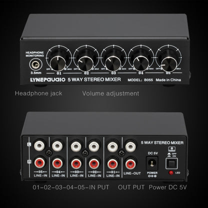 B055 5-Channel Active Stereo Mixer Multi-Channel Mixer with Independent Volume Adjustment  & USB 5V Power Output & Headphone Monitoring, US Plug -  by PMC Jewellery | Online Shopping South Africa | PMC Jewellery | Buy Now Pay Later Mobicred