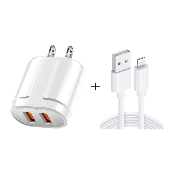 Dual USB Portable Travel Charger + 1 Meter USB to 8 Pin Data Cable, US Plug(White) - Normal Style Cable by PMC Jewellery | Online Shopping South Africa | PMC Jewellery | Buy Now Pay Later Mobicred