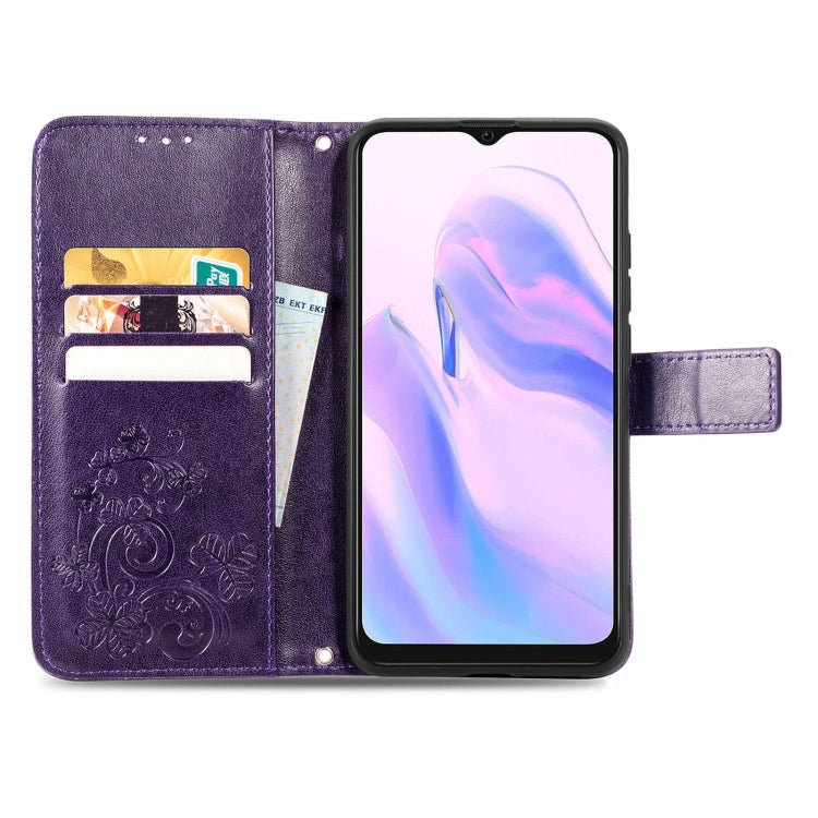 For Blackview A70 Four-leaf Clasp Embossed Buckle Mobile Phone Protection Leather Case with Lanyard & Card Slot & Wallet & Bracket Function(Purple) - More Brand by PMC Jewellery | Online Shopping South Africa | PMC Jewellery | Buy Now Pay Later Mobicred