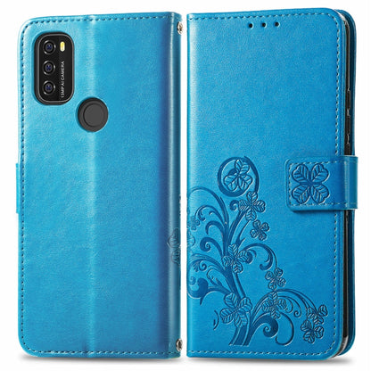 For Blackview A70 Four-leaf Clasp Embossed Buckle Mobile Phone Protection Leather Case with Lanyard & Card Slot & Wallet & Bracket Function(Blue) - More Brand by PMC Jewellery | Online Shopping South Africa | PMC Jewellery | Buy Now Pay Later Mobicred