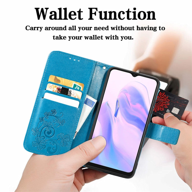 For Blackview A70 Four-leaf Clasp Embossed Buckle Mobile Phone Protection Leather Case with Lanyard & Card Slot & Wallet & Bracket Function(Blue) - More Brand by PMC Jewellery | Online Shopping South Africa | PMC Jewellery | Buy Now Pay Later Mobicred