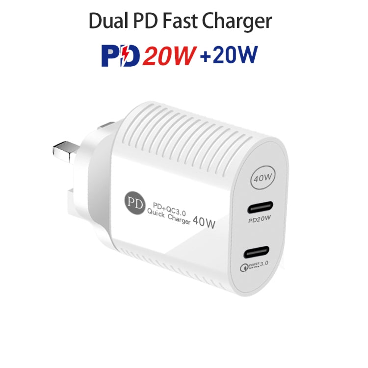 40W Dual Port PD / Type-C Fast Charger for iPhone / iPad Series, UK Plug(White) - USB Charger by PMC Jewellery | Online Shopping South Africa | PMC Jewellery | Buy Now Pay Later Mobicred