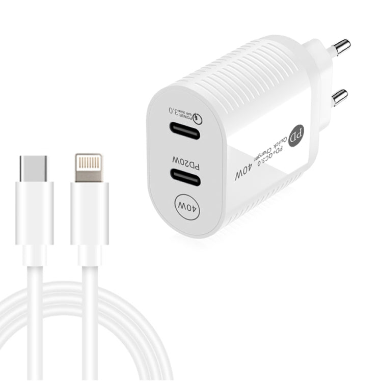 40W Dual Port PD / Type-C Fast Charger with Type-C to 8 Pin Data Cable, EU Plug(White) - USB Charger by PMC Jewellery | Online Shopping South Africa | PMC Jewellery | Buy Now Pay Later Mobicred