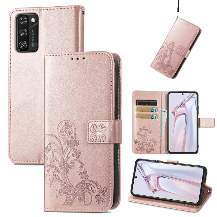 For Blackview A100 Four-leaf Clasp Embossed Buckle Mobile Phone Protection Leather Case with Lanyard & Card Slot & Wallet & Bracket Function(Rose Gold) - More Brand by PMC Jewellery | Online Shopping South Africa | PMC Jewellery | Buy Now Pay Later Mobicred