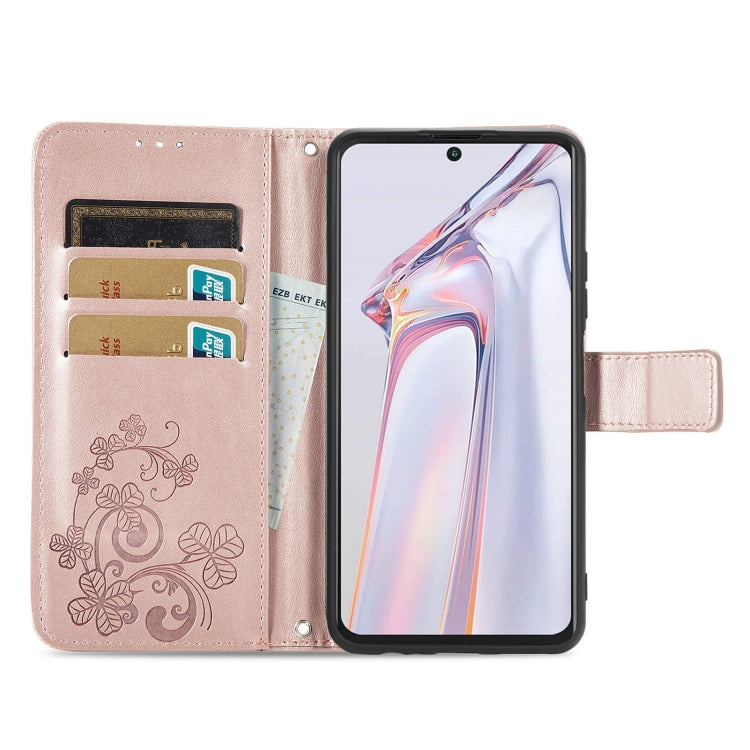 For Blackview A100 Four-leaf Clasp Embossed Buckle Mobile Phone Protection Leather Case with Lanyard & Card Slot & Wallet & Bracket Function(Rose Gold) - More Brand by PMC Jewellery | Online Shopping South Africa | PMC Jewellery | Buy Now Pay Later Mobicred