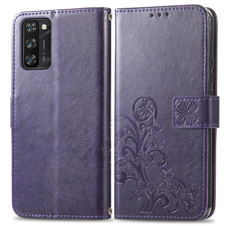 For Blackview A100 Four-leaf Clasp Embossed Buckle Mobile Phone Protection Leather Case with Lanyard & Card Slot & Wallet & Bracket Function(Purple) - More Brand by PMC Jewellery | Online Shopping South Africa | PMC Jewellery | Buy Now Pay Later Mobicred