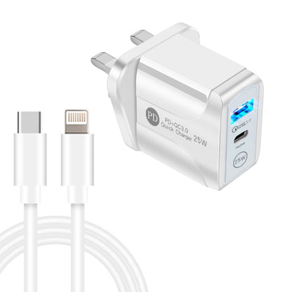 PD25W USB-C / Type-C + QC3.0 USB Dual Ports Fast Charger with USB-C to 8 Pin Data Cable, UK Plug(White) - USB Charger by PMC Jewellery | Online Shopping South Africa | PMC Jewellery | Buy Now Pay Later Mobicred