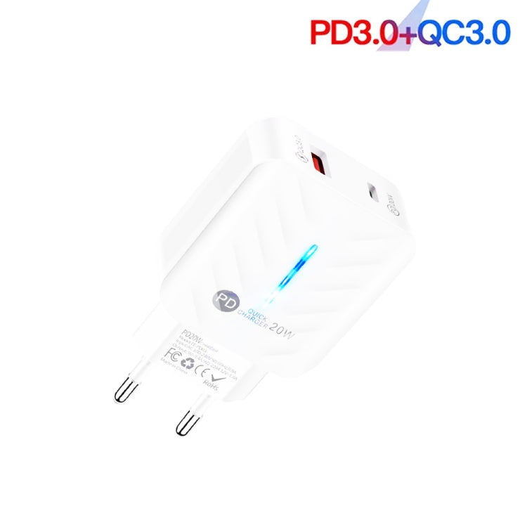 PD03 20W Type-C + QC3.0 USB Charger with Indicator Light, EU Plug(White) - USB Charger by PMC Jewellery | Online Shopping South Africa | PMC Jewellery | Buy Now Pay Later Mobicred