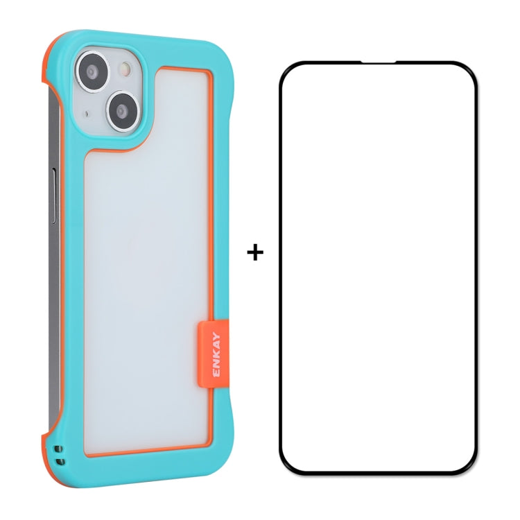 For iPhone 13 ENKAY Frameless Hollow PC Case + Glass Film(Blue) - iPhone 13 Cases by ENKAY | Online Shopping South Africa | PMC Jewellery | Buy Now Pay Later Mobicred