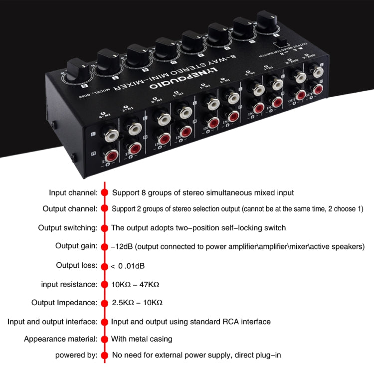 B066 Mini Stereo 8 Channel RCA Non Source Sound Passive Mixer, No Power Supply -  by PMC Jewellery | Online Shopping South Africa | PMC Jewellery | Buy Now Pay Later Mobicred